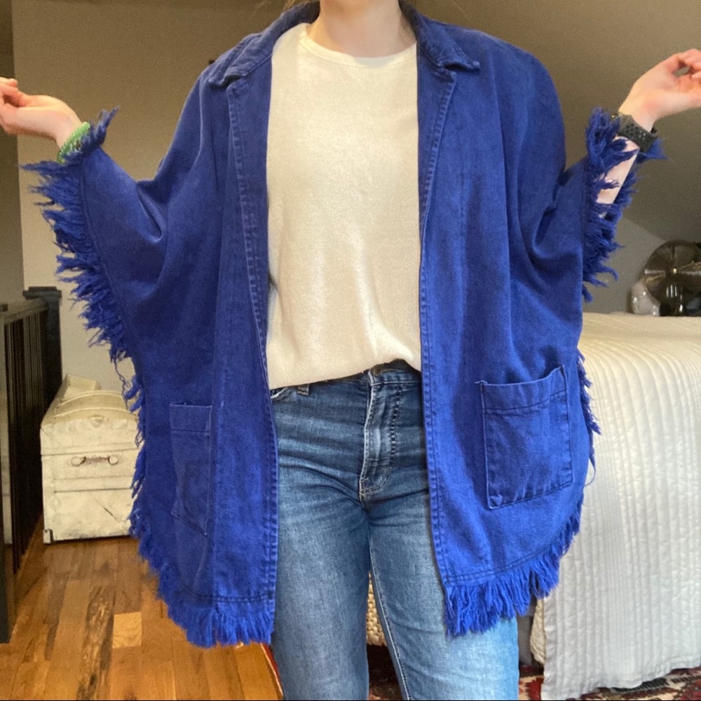 Vintage royal blue denim fringe jacket